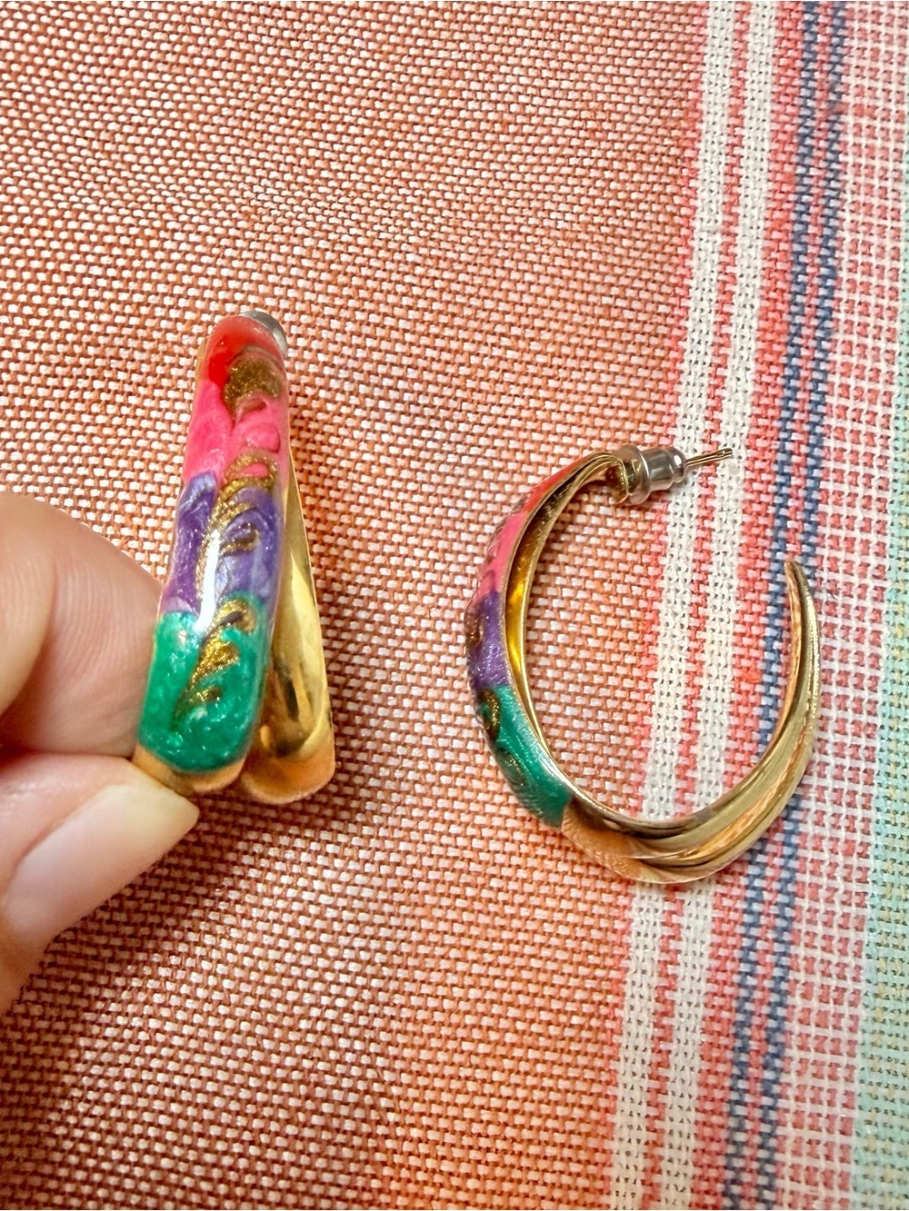 Vintage Colorful Gold-Tone Multicolor Hoop Earrings